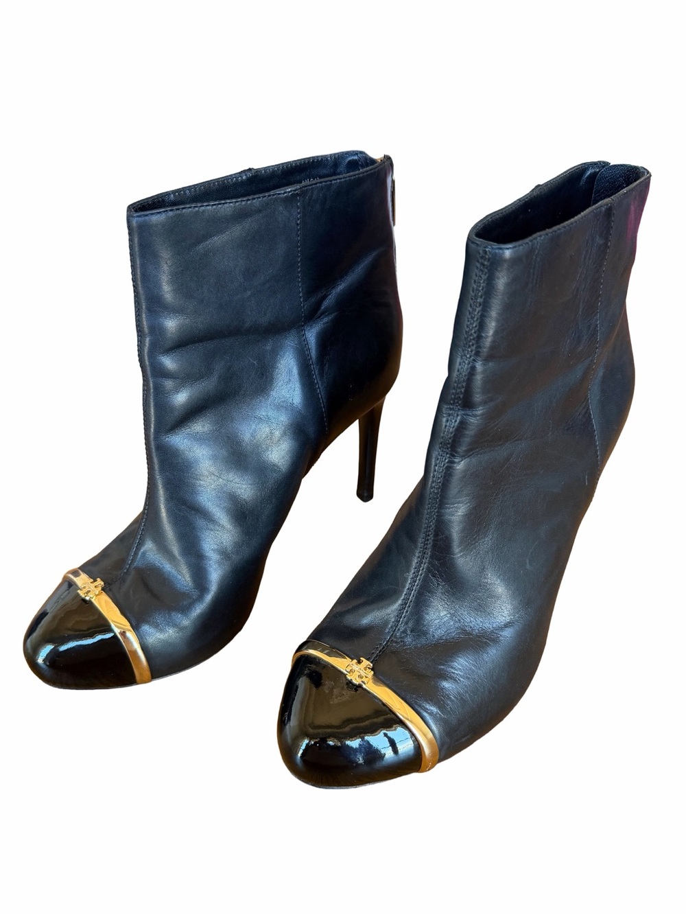 Tory Burch Pacey Black Leather Patent Cap Toe Stiletto Boots Size 8 - Picture 11 of 14